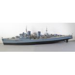 A wooden scale model of the WW2 cruiser, HMS Sheffield (C24) (approx. 121m in length and 33cm high