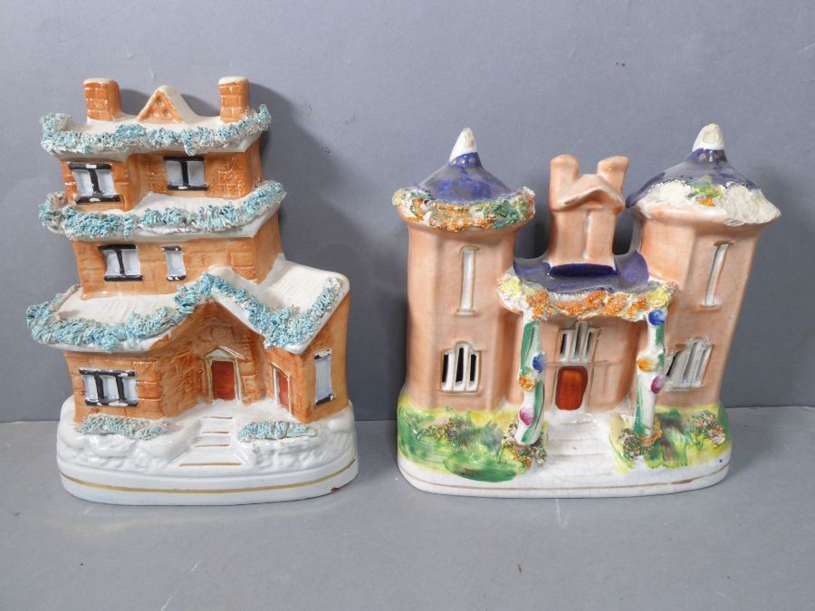 A good selection of 19th century Staffordshire spill vases and models of castles etc. in pastille - Image 2 of 6