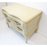 A antiqued painted Louis XV-style serpentine-fronted commode; moulded top above two full width