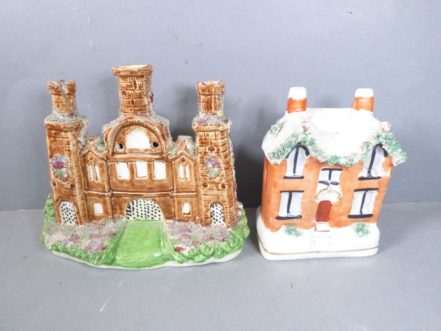 A good selection of 19th century Staffordshire spill vases and models of castles etc. in pastille - Image 3 of 6