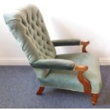 A William IV period green draylon buttonback upholstered open armchair with shaped mahogany arms and