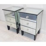 (Matches following lot) A modern pair of mirror-fronted three-drawer bedside cabinets with glass