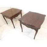 A pair of French-style hardwood occasional tables; serpentine edges, single frieze drawers, carved