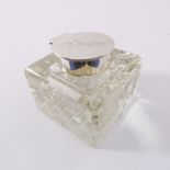 A square cut-glass desktop inkwell. Hobnail cut base with silver mounts (Birmingham 1913).