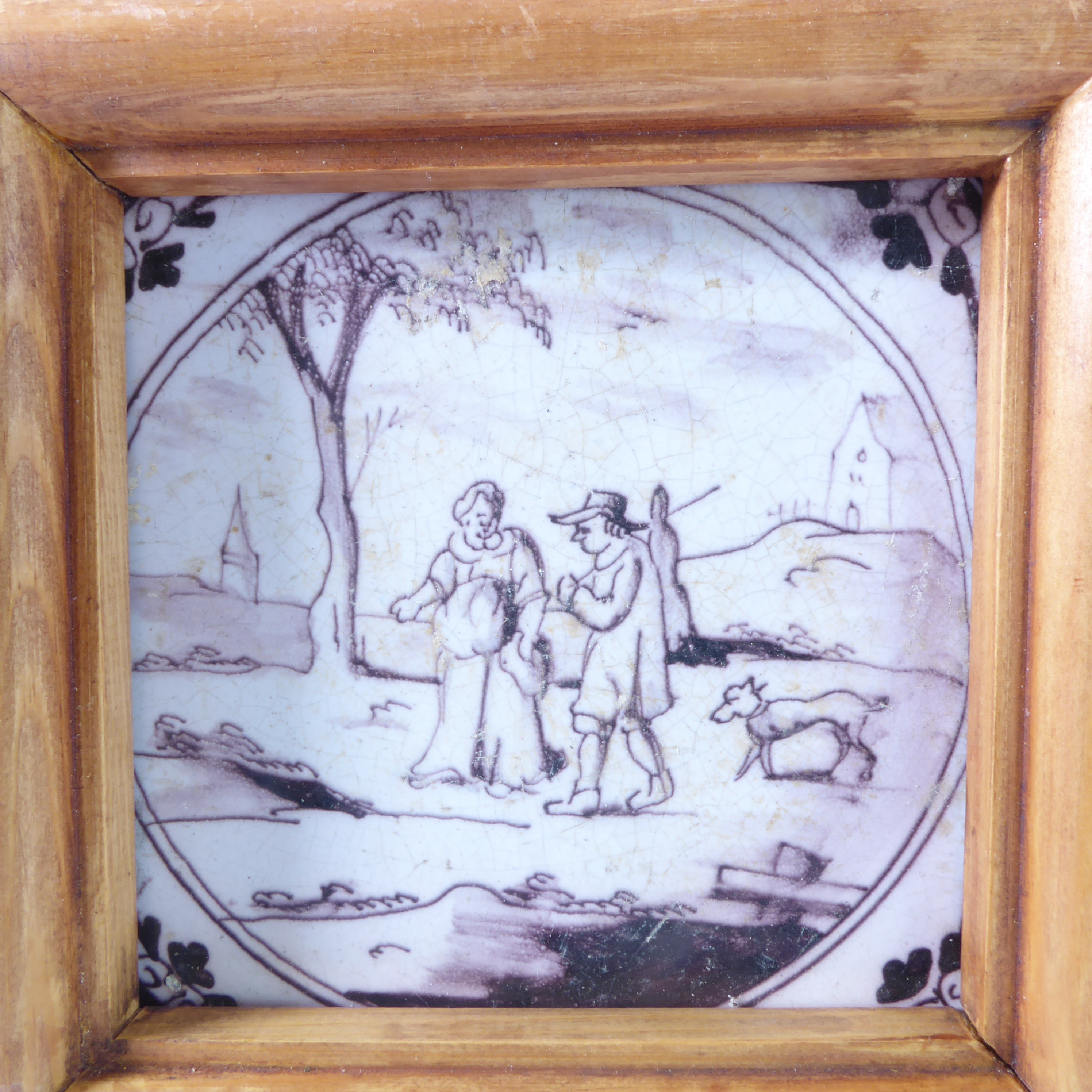 Thirteen early puce-coloured Delftware tiles (probably 18th century) with unusual depictions to - Image 11 of 15