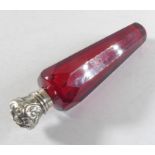A 19th century scent bottle – white-metal-mounted tapering octagonal cranberry glass, the hinged lid