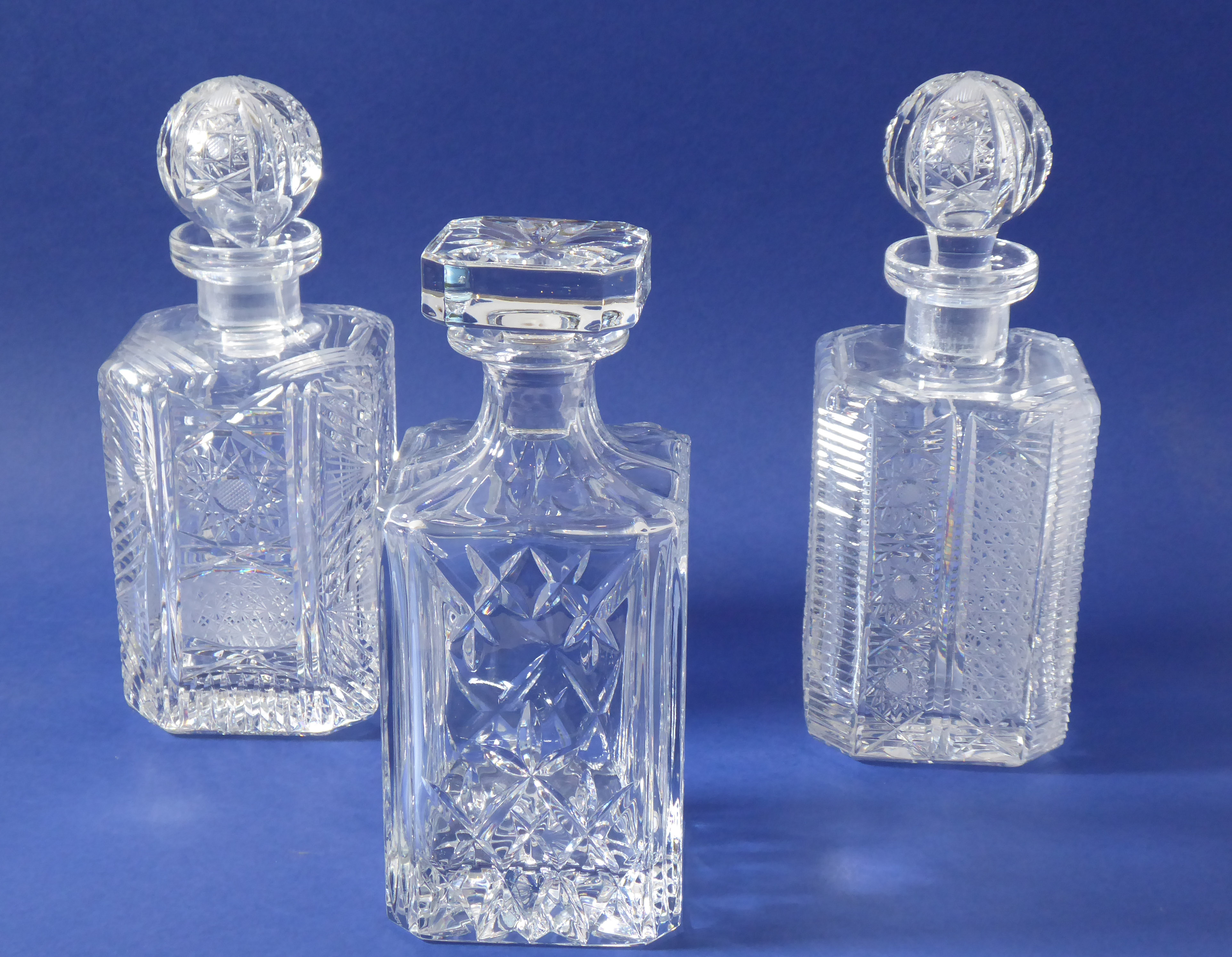 Three fine quality hand-cut spirit decanters of square form and with canted corners - Image 2 of 7