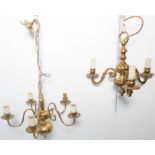 A heavily cast brass three-light ceiling-hanging chandelier and a similar sized five-light