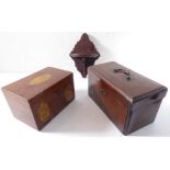 An 18th century banded mahogany tea caddy with key, segmented interior (37cm wide), together with