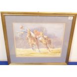 A watercolour study of mounted polo ponies, initialled 'KJ' and dated '89 lower right, glazed gilt