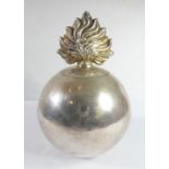 A hallmarked silver regimental table lighter in the form of a flamed grenade; the top section