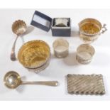 A selection of small silverware to include a 19th century circular sugar bowl repoussé decorated