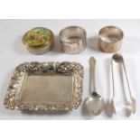 A variety of silver and plated items to include a small rectangular hallmarked silver trinket dish