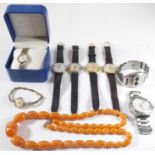 Eight wristwatches (2 lady's and 6 gentleman's) and an amber-style bead necklace: Rotary - gold