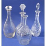 Four decanters to include a globe-and-shaft example, a 'skittle' shaped example (both hand-cut),