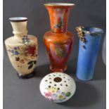 Two ceramic and two glass vases: an Elizabeth Radford tulip holder a Wiltonware vase with a lustre