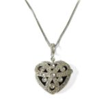 A 9-carat white gold heart-shaped pendant; the hinged openwork locket set with small white stones (