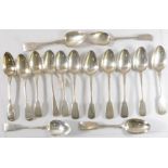 Fifteen mostly early 19th century fiddle pattern hallmarked silver tablespoons (various assay