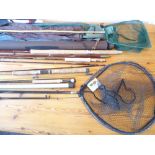 Fishing rods and tackle to include: a Mostyn James of Redditch fibreglass rod in its canvas sleeve
