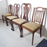 A pair of George I period walnut salon chairs, each with vase-shaped splat, later drop-in seat, deep