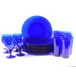 Bristol Blue style glassware to include twelve dinner plates, eight high beakers and six wine