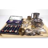 A selection of silver plate including commemorative tankard, dishes, flatware etc., together with