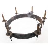 A large and very heavy circular ironwork, six-light candelabra for restoration (68cm diameter and