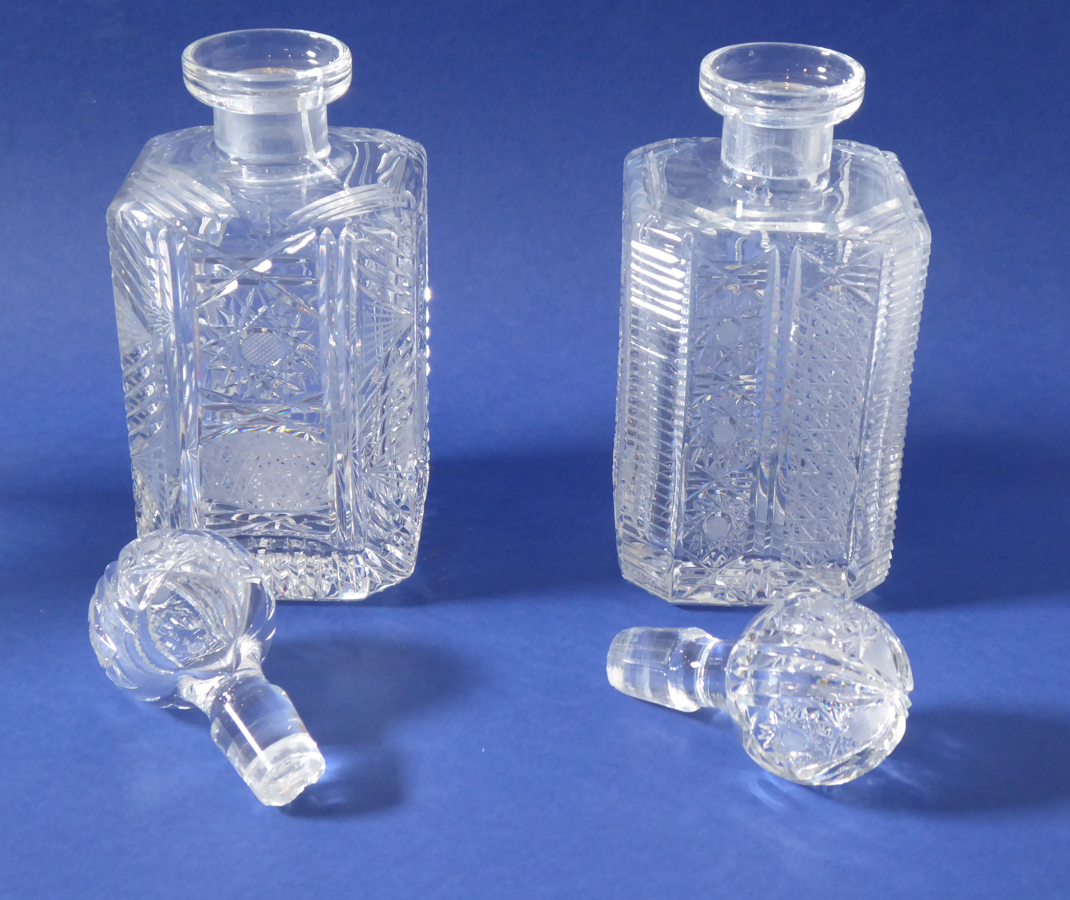 Three fine quality hand-cut spirit decanters of square form and with canted corners - Image 6 of 7