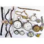 An interesting assortment of pocket and wrist watches, mostly for restoration: some with silver