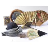 An assortment to include a bowler hat, 'shell pigeon' and a /duck decoy, three large fans, a 19th