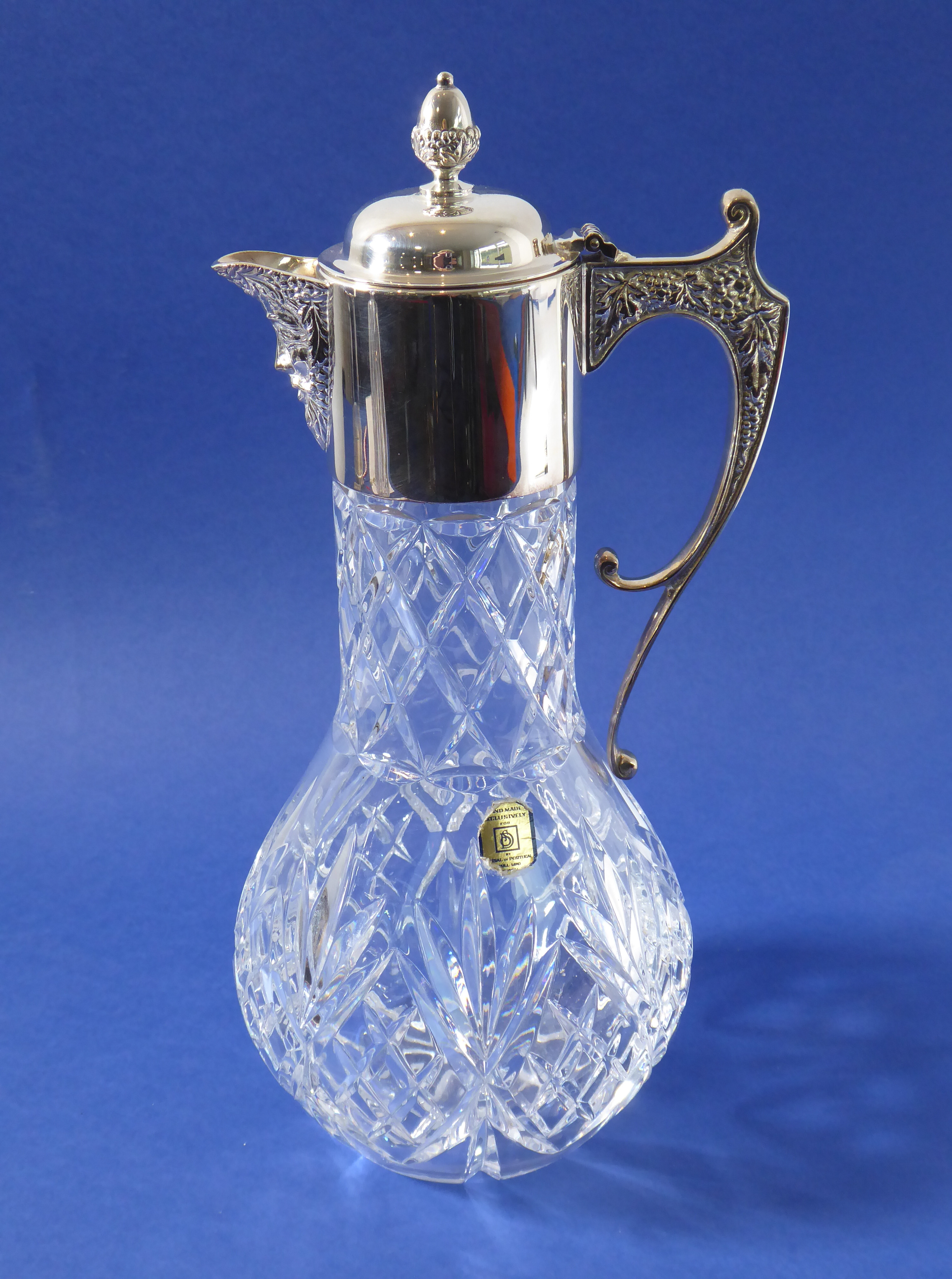 A Portuguese lead crystal claret jug; baluster-shaped, silver-plated mounts with the spout - Image 5 of 6