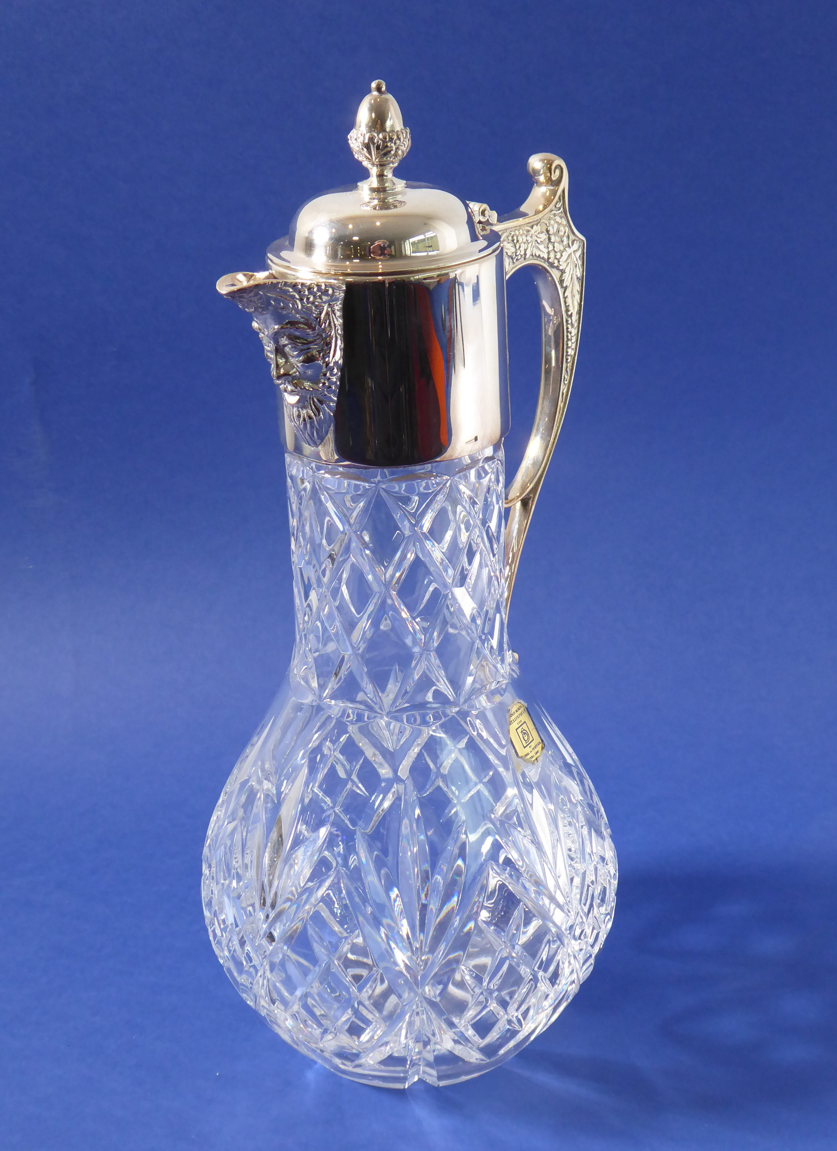A Portuguese lead crystal claret jug; baluster-shaped, silver-plated mounts with the spout - Image 2 of 6