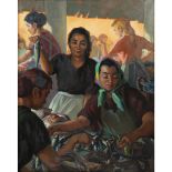 ODETTE BRUNEAU (1891-1984) LES VENDEUSES DE POISSONS, THE FISH SELLERS, Huile sur toile, signée en