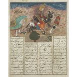 SUITE DE DEUX MINIATURES PERSANES Gouache et or sur papier représentant des scènes du Shah Nameh: la