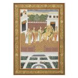 f-FEMMES DANS LE ZANANA GRANDE MINIATURE INDIENNE à la gouache et à l'or sur papier représentant