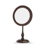 MIROIR ROND QÂJÂR monté sur un haut piédouche hexagonal en bois marqueté à décor étoilé tapissant en