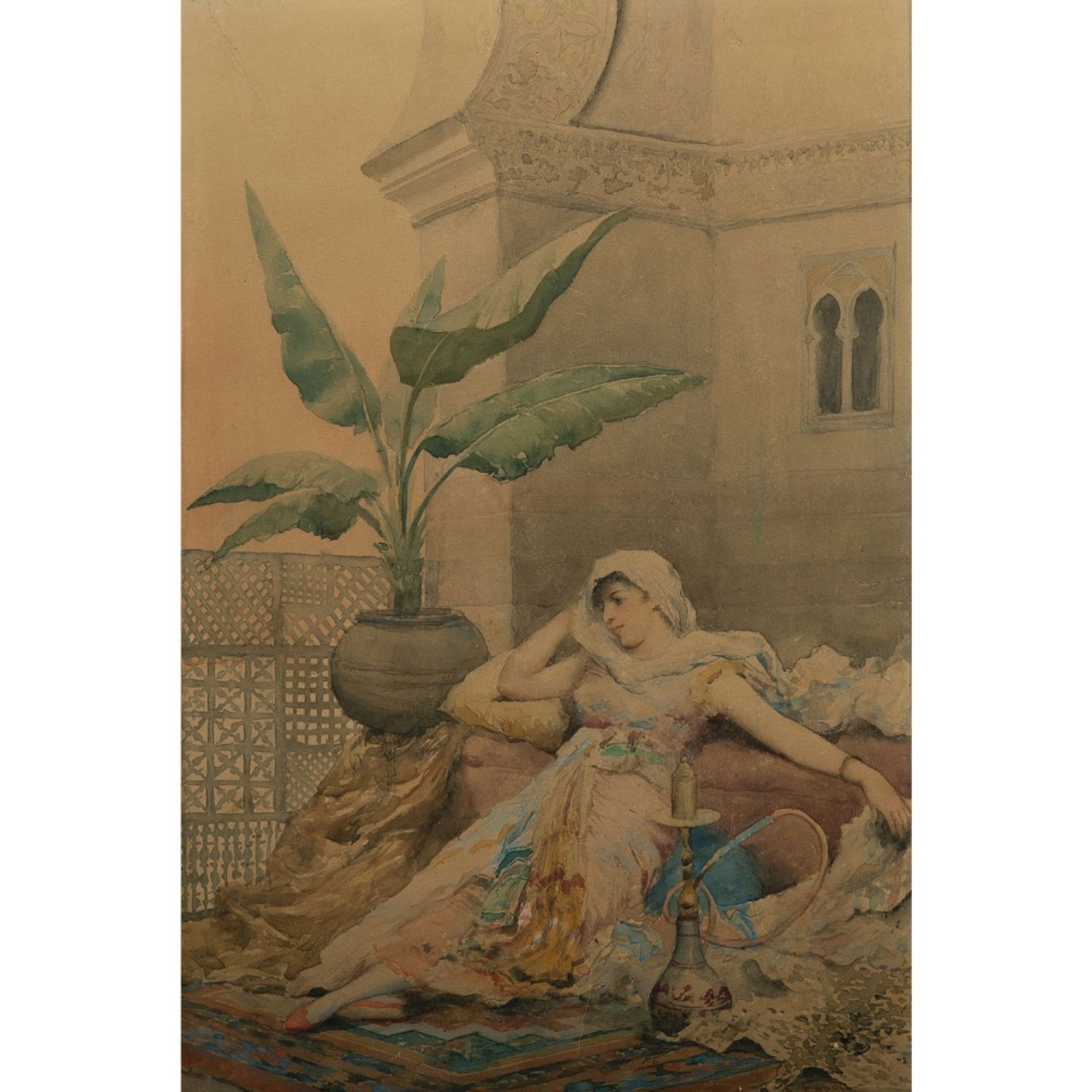 FABIO FABBI (1861-1946) LA BELLE ODALISQUE THE BEAUTIFUL ODALISQUE Aquarelle sur papier signée en