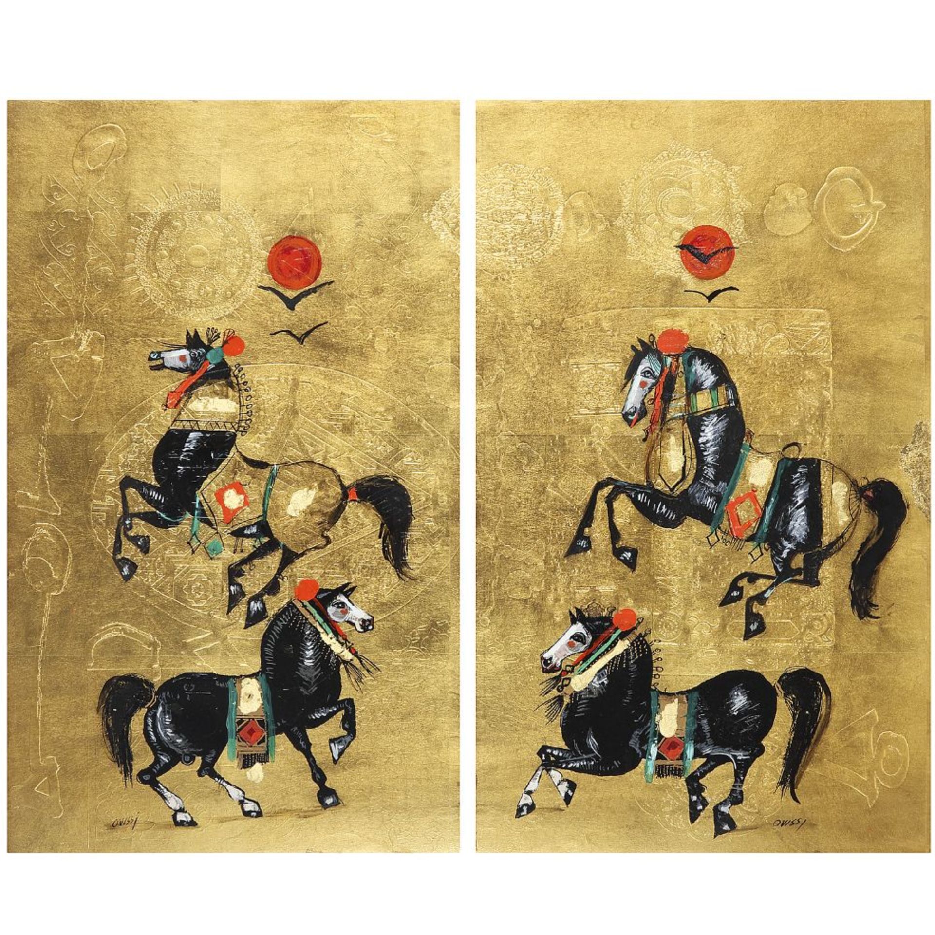 NASSER OVISSI (NÉ EN 1934) ÉCOLE IRANIENNE CHEVAUX HORSES Deux techniques mixtes et feuille d'or sur