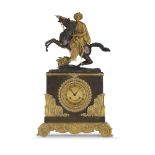 BELLE PENDULE AU "CAVALIER DE L'ARMÉE GRECQUE" en bronze à double patine l'assaillant représenté sur