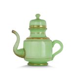 CAFETIÈRE en opaline verte au versoir serpentiforme, décorée de filets dorés circulaires et de