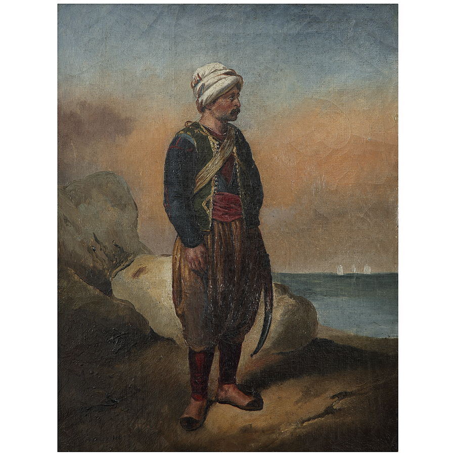 ÉCOLE ORIENTALISTE (XIXÈME SIÈCLE) SOLDAT PENSIF DEVANT LA MER THE THINKING ORIENTAL SOLDIER Huile