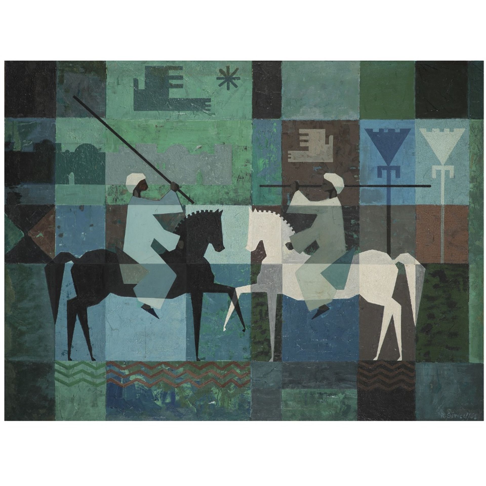 ROBERT GENICOT (1890-1981) RENCONTRE DE CAVALIERS HORSEMEN MEETING Huile sur panneau signée et datée