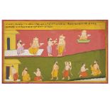 f-BRAHMA ACCEUILLI PAR LES DÉVOTS GRANDE MINIATURE DE LA SÉRIE BHAGAVATA PURANA, à la gouache et