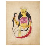 f-PEINTURE DE KALIGHAT. JEUNE FEMME AU SERPENT Aquarelle sur papier représentant une jeune femme