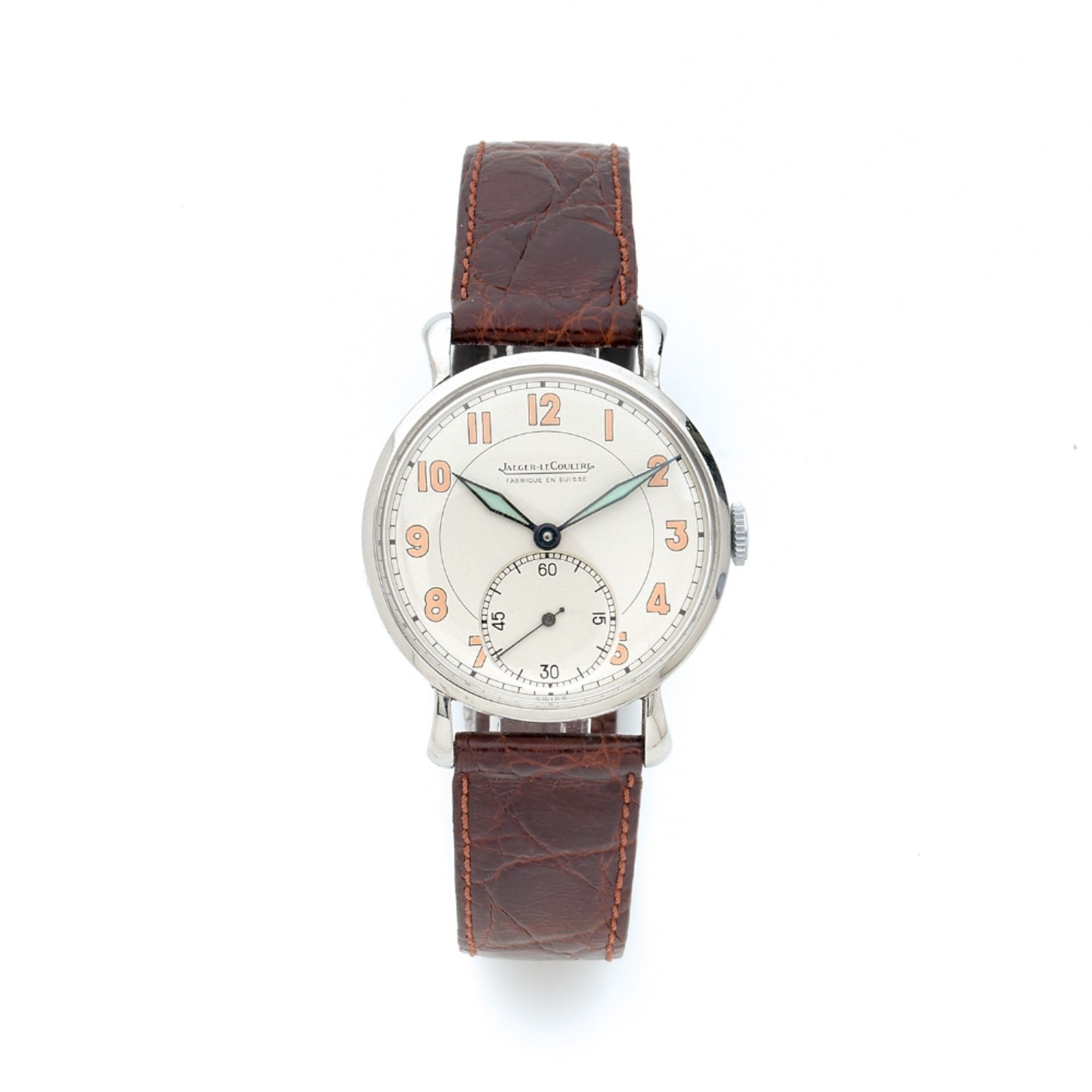 JAEGER LECOULTRE Montre bracelet en acier sur cuir. BOITIER : rond CADRAN : argenté avec index