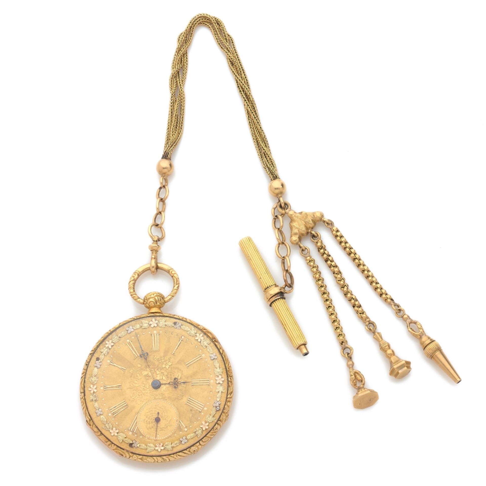 ANONYME XIXème SIECLE, Montre de poche en or jaune 18K avec chatelaîne. BOÎTIER : en or jaune