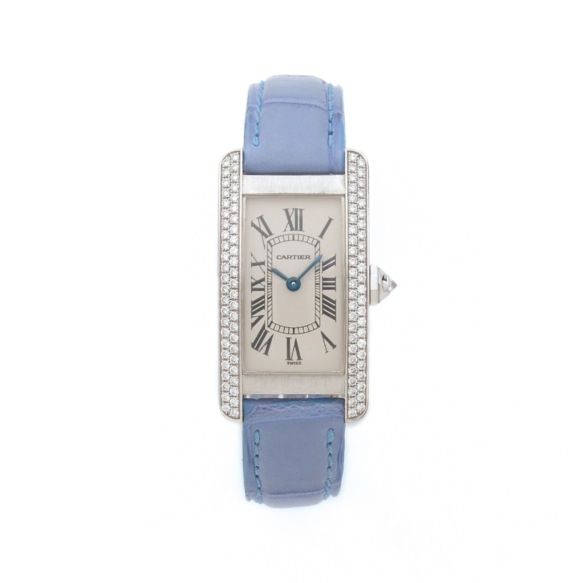 CARTIER TANK AMERICAINE. REF. 1713., Montre bracelet de dame en or gris 18k et diamants sur cuir.