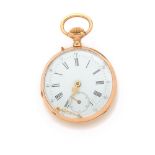 ANONYME VERS 1900, Montre de poche en or rose 18K. BOÎTIER : lisse. CADRAN : émail blanc avec