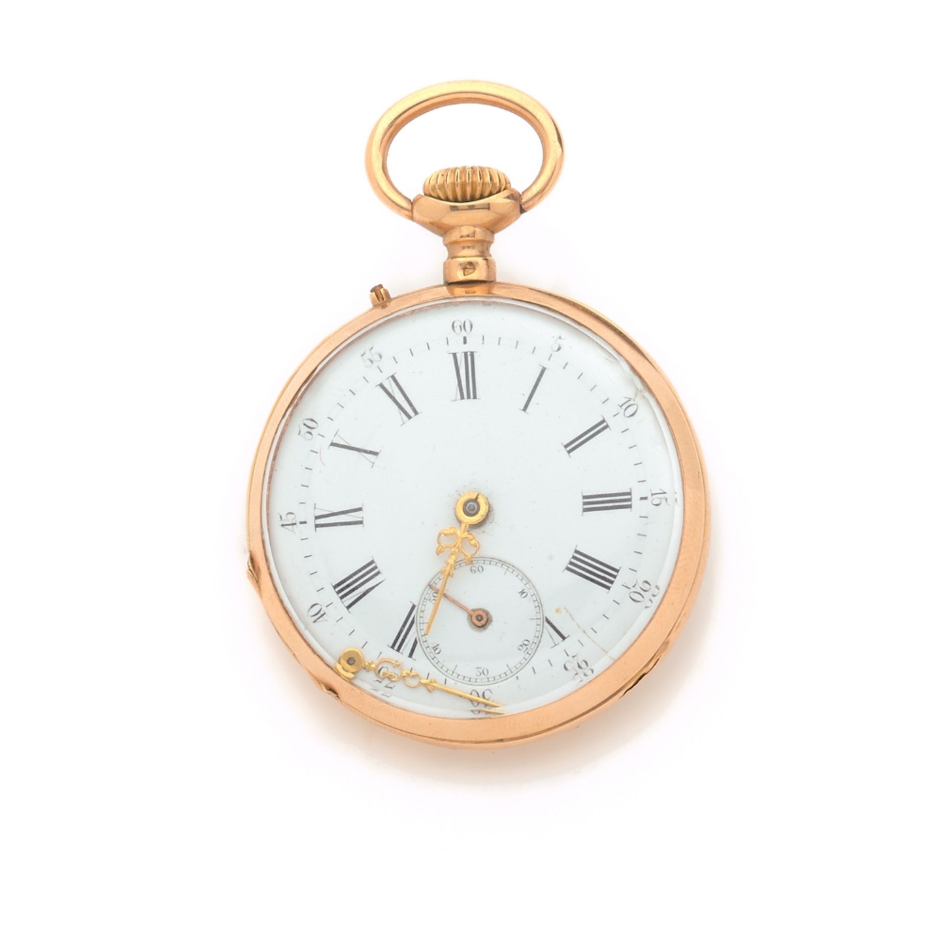 ANONYME VERS 1900, Montre de poche en or rose 18K. BOÎTIER : lisse. CADRAN : émail blanc avec