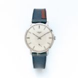 LONGINES ANNEES 50, Montre bracelet en acier sur cuir. BOITIER : rond. CADRAN : argenté avec index